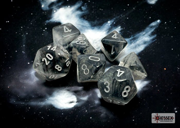 Chessex - Borealis Polyhedral 7 Dice Set - Luminary Light Smoke Silver - Loaded Dice