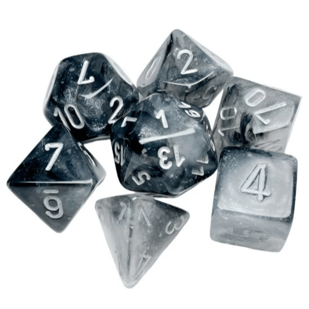Chessex - Borealis Polyhedral 7 Dice Set - Luminary Light Smoke Silver - Loaded Dice