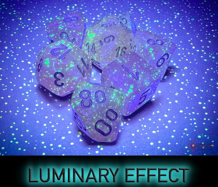 Chessex Borealis Luminary dice glowing in the dark to show the luminary effect