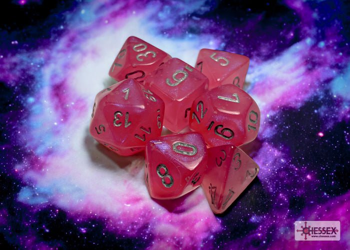 Chessex Borealis Pink polyhedral dice on a cosmic nebula backdrop