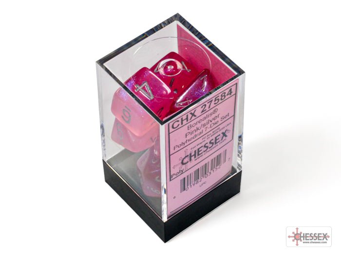 Chessex Borealis Pink & Silver dice set packed in its clear display case
