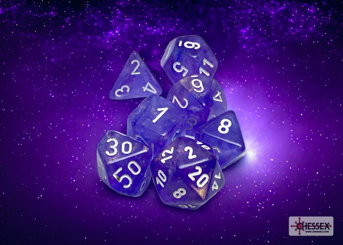 Chessex Borealis Luminary Purple dice with white numbers on a purple galaxy backdrop