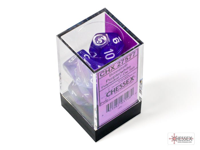Chessex Borealis Luminary Purple & White 7 dice set in its clear plastic display cube