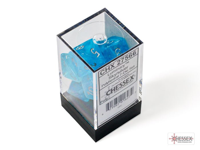 Chessex Borealis Luminary Sky Silver 7 dice set in its clear plastic Chessex cube box