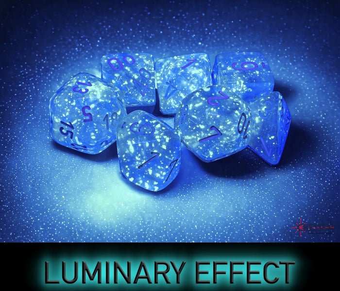 Chessex Borealis Luminary Sky dice glowing in the dark to show the luminary effect