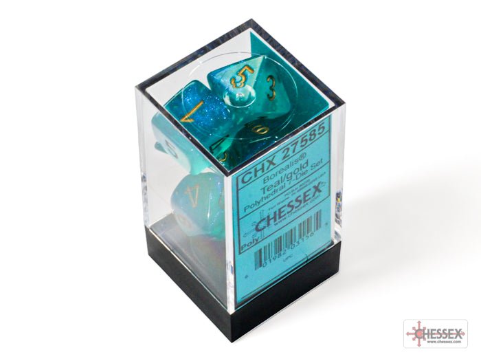 Chessex - Borealis Polyhedral 7 Dice Set - Luminary Teal & Gold - Loaded Dice