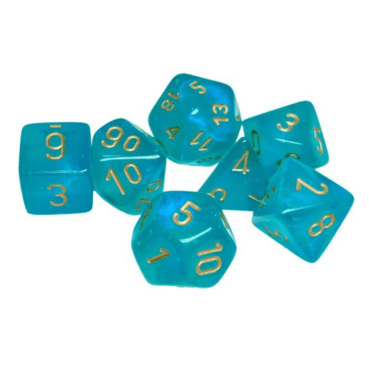 Chessex - Borealis Polyhedral 7 Dice Set - Luminary Teal & Gold - Loaded Dice