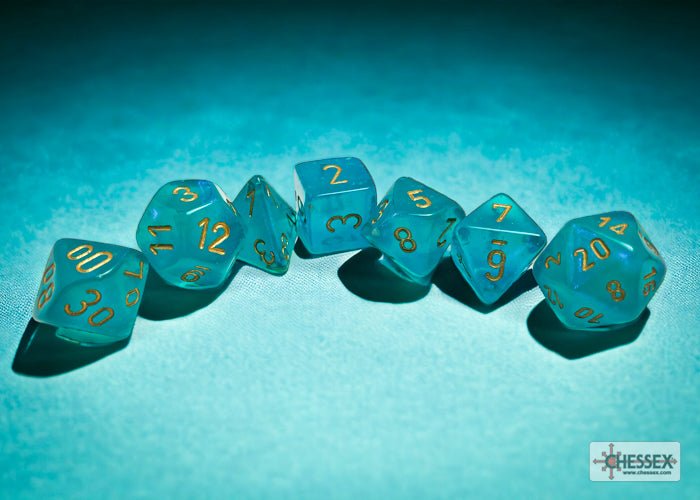 Seven Chessex Borealis teal and gold polyhedral dice lined up on a teal backdrop