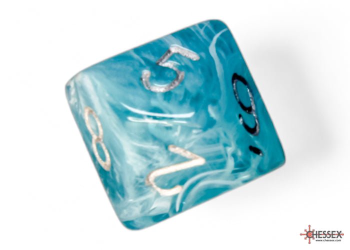 Close-up of the Chessex Cirrus Aqua with Silver d10 with silver numerals