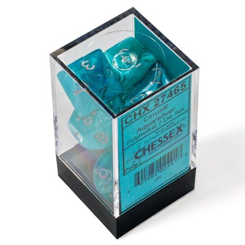 Chessex Cirrus Aqua with Silver 7 dice set in its clear plastic Chessex cube box
