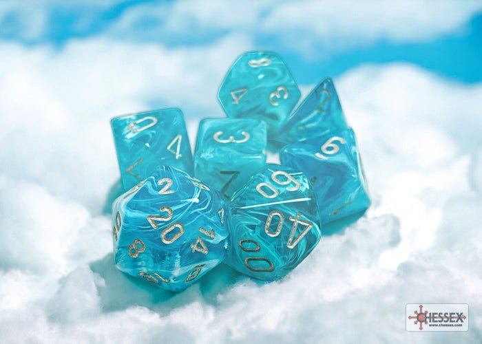 Chessex Cirrus Aqua with Silver dice set resting in soft white clouds of cotton