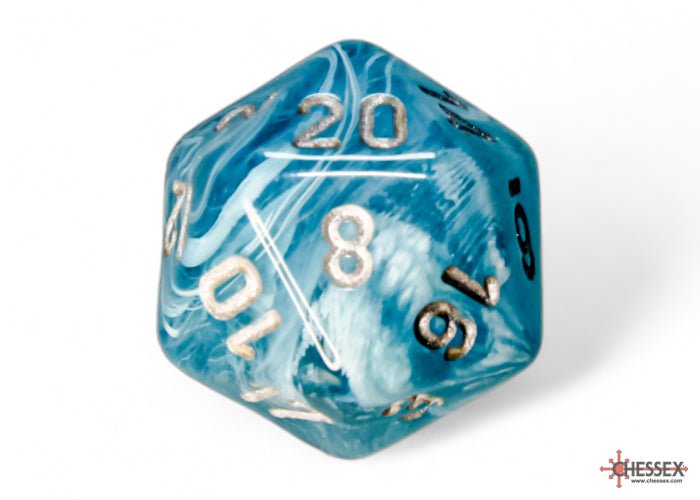 Close-up of the Chessex Cirrus Aqua with Silver d20 with swirling aqua and white layers