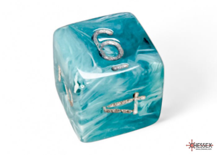 Close-up of the Chessex Cirrus Aqua with Silver d6 with silver numerals