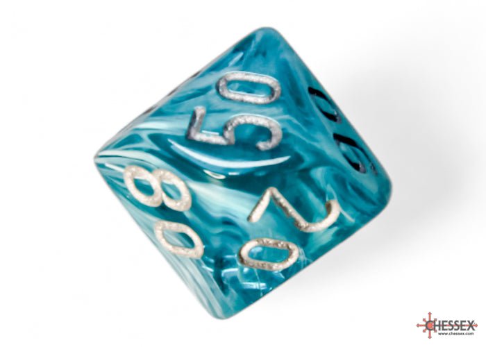 Close-up of the Chessex Cirrus Aqua with Silver percentile d10 numbered in tens