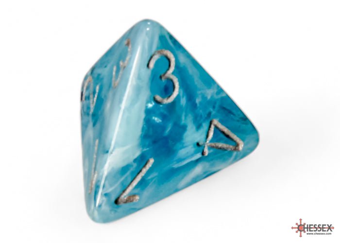 Close-up of the Chessex Cirrus Aqua with Silver d4 pyramid die