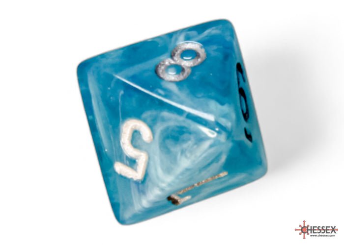 Close-up of the Chessex Cirrus Aqua with Silver d8 with silver numerals
