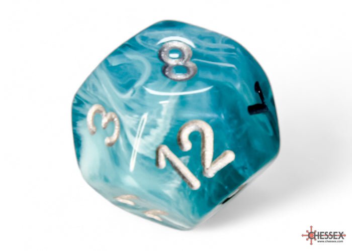 Close-up of the Chessex Cirrus Aqua with Silver d12 showing the cloudy marbled finish