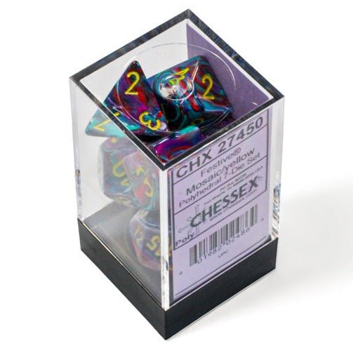 Chessex Festive Mosaic Yellow 7 dice set packed in its clear Chessex display case