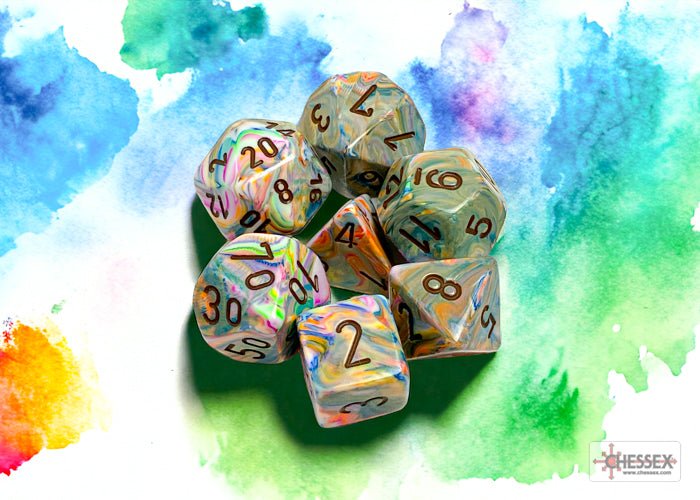 Chessex Festive Vibrant with Brown seven dice set on a watercolour splash background