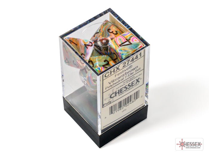 Chessex Festive Vibrant with Brown polyhedral dice set in its clear plastic cube case