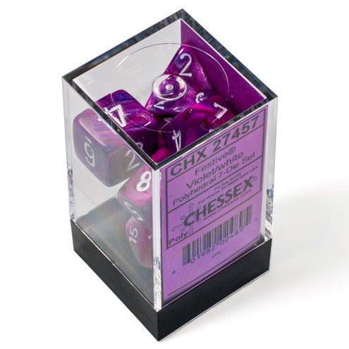 Chessex Festive Violet with White seven-dice set in its clear display case