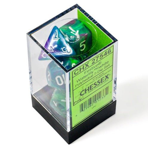 Chessex Festive Waterlily and White 7 dice set packed in its clear Chessex display case