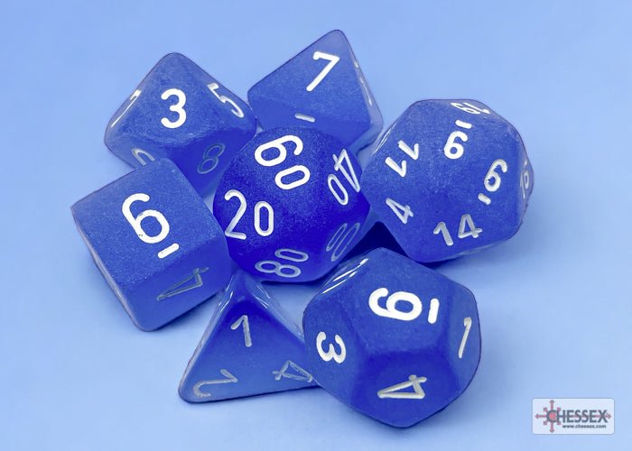 Chessex Frosted Blue with White 7 dice set on a pale blue backdrop