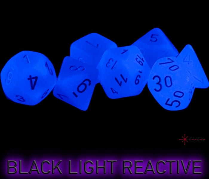 Chessex Frosted Blue dice glowing under black light, black-light reactive