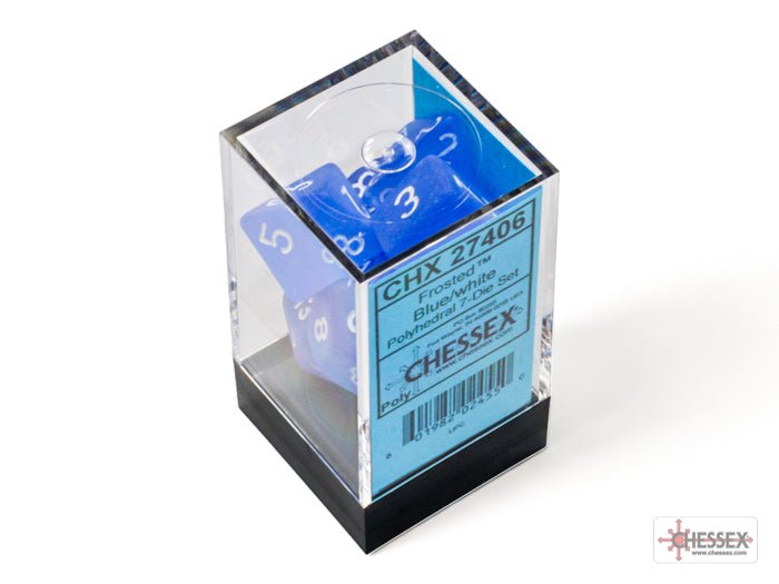 Chessex Frosted Blue with White polyhedral dice in clear display case