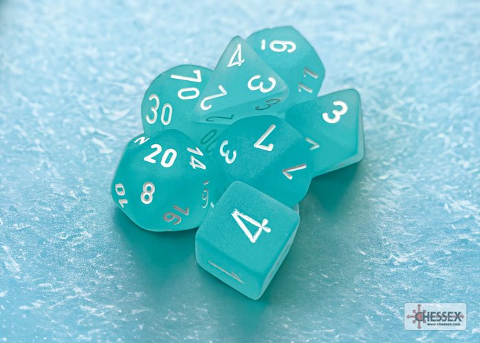 Chessex Frosted Teal dice set with white numbers on a frosted surface