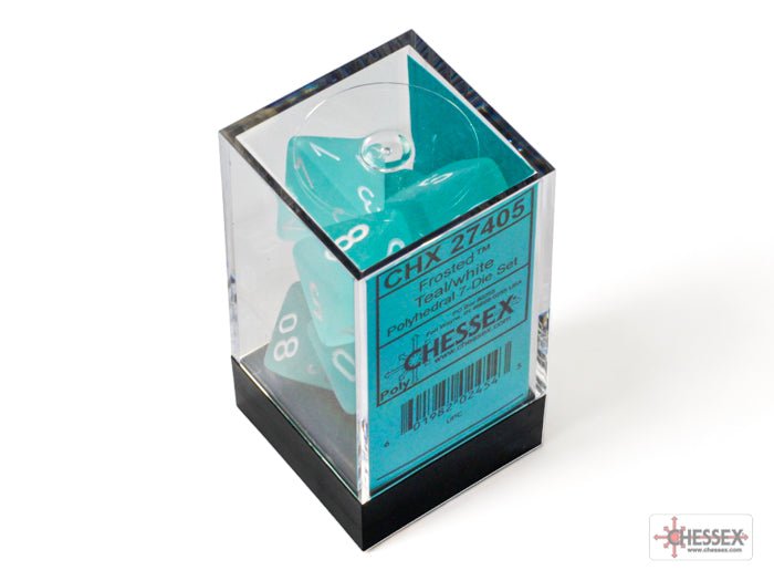 Chessex Frosted Teal with White 7 dice set in clear plastic cube packaging