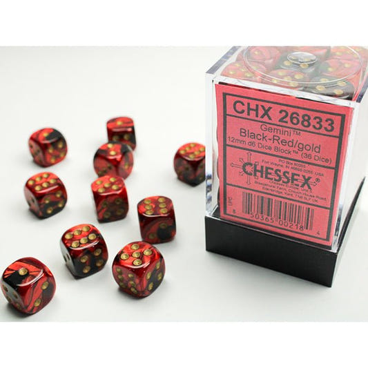 Chessex - Gemini 12mm D6 Dice Block - Black & Red w/Gold - Loaded Dice