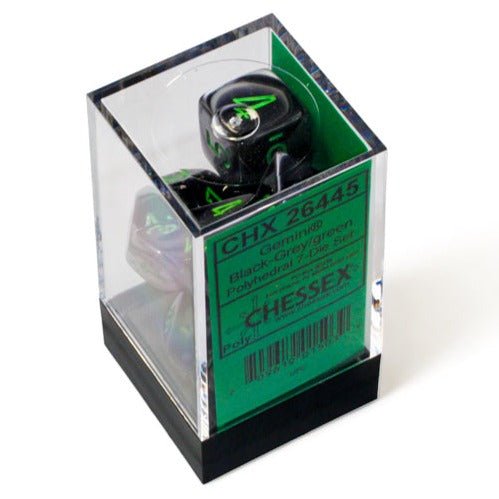 Chessex Gemini Black-Grey with Green dice set packed in its clear display case