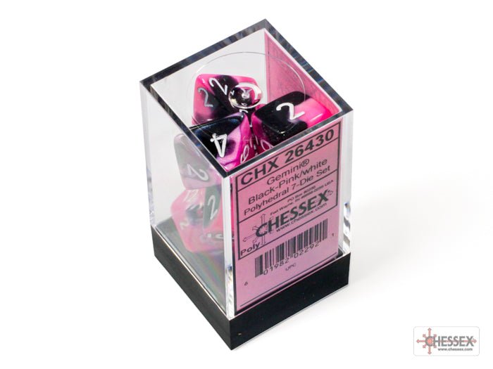 Chessex - Gemini Polyhedral 7 Dice Set - Black-Pink with White - Loaded Dice