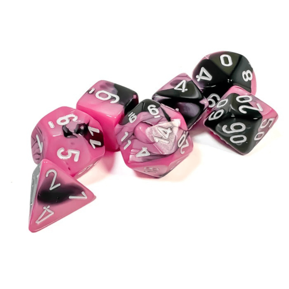 Chessex - Gemini Polyhedral 7 Dice Set - Black-Pink with White - Loaded Dice