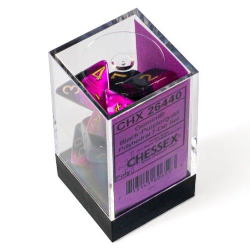 Chessex Gemini Black-Purple with Gold 7 dice set in its clear plastic Chessex cube box