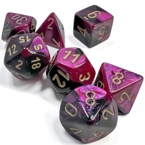 Chessex Gemini Black-Purple with Gold polyhedral dice, swirled purple and black with gold numbers
