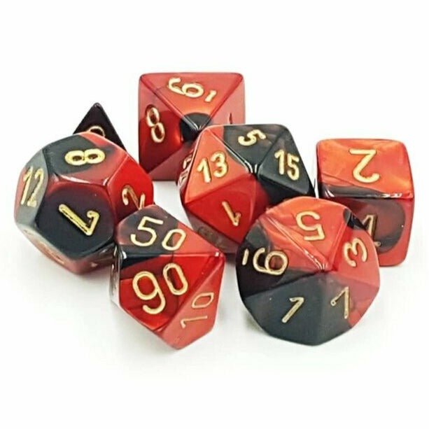 Chessex Gemini Black-Red polyhedral dice set with gold numbers, seven swirled dice