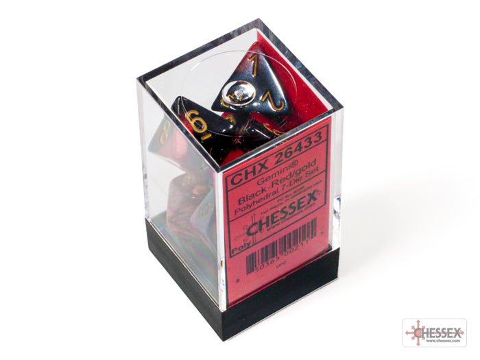 Chessex Gemini Black-Red with Gold 7 dice set in clear display case