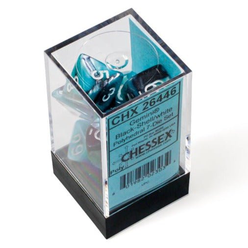 Chessex Gemini Black-Shell with White 7 dice set in clear display case