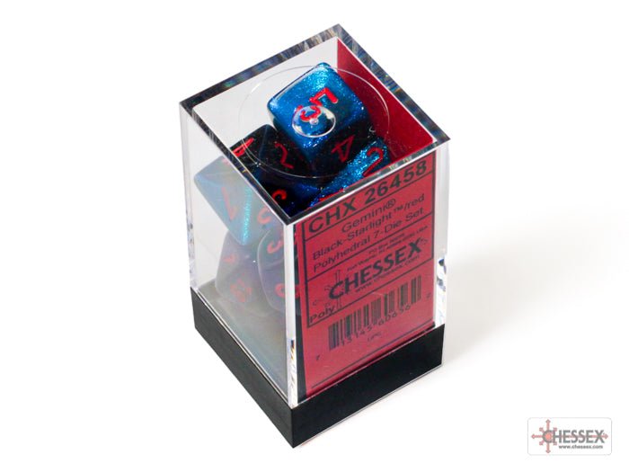 Chessex Gemini Black-Starlight with Red 7 dice set in its clear plastic display cube