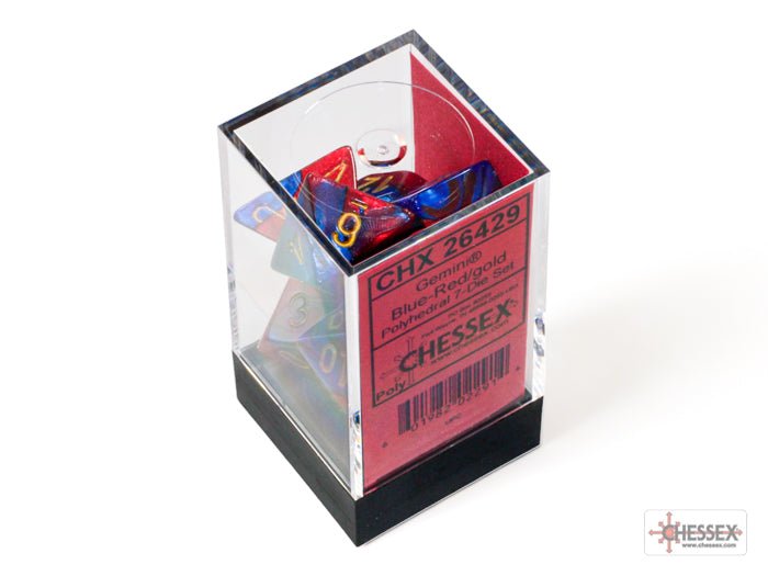 Chessex Gemini Blue-Red with Gold 7 dice set packed in its clear Chessex display case
