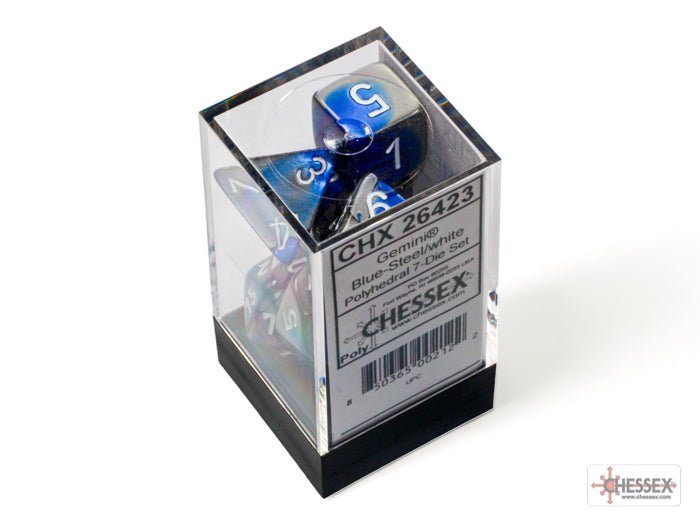Chessex - Gemini Polyhedral 7 Dice Set - Blue, Steel with White - Loaded Dice