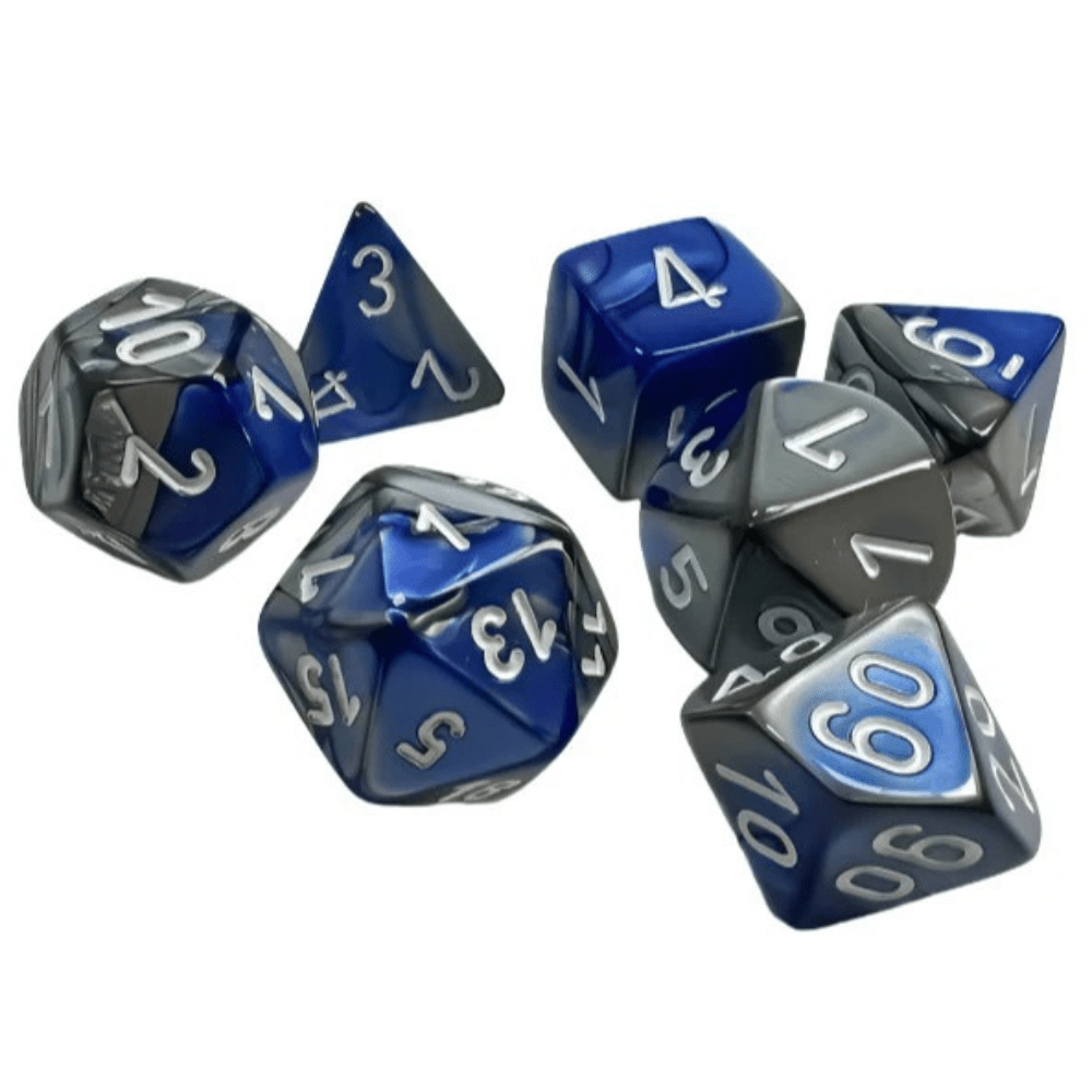 Chessex - Gemini Polyhedral 7 Dice Set - Blue, Steel with White - Loaded Dice