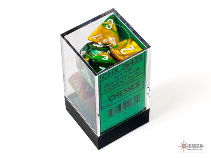 Chessex Gemini Gold-Green with White 7 dice set boxed in its clear display case