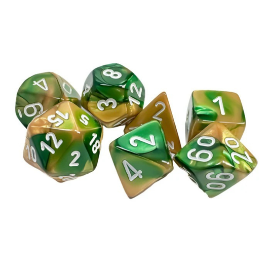 Chessex - Gemini Polyhedral 7 Dice Set - Gold-Green with White - Loaded Dice