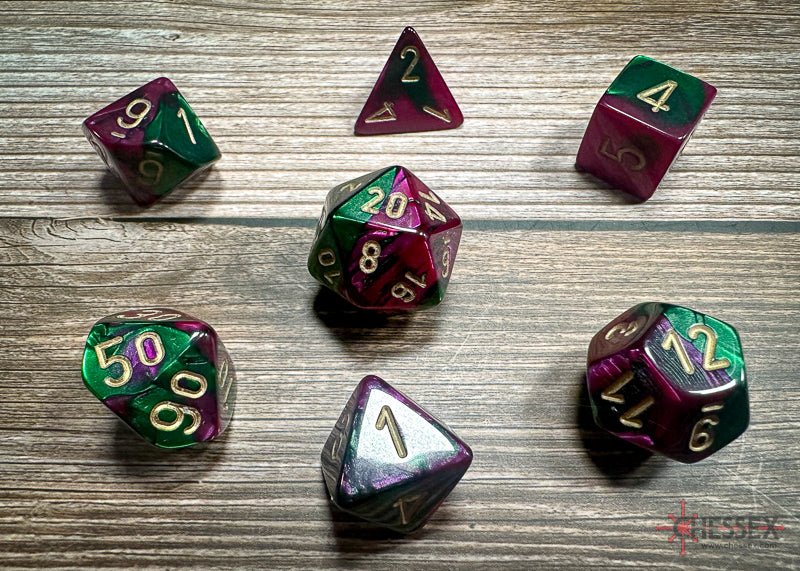 Chessex - Gemini Polyhedral 7 Dice Set - Green-Purple with Gold - Loaded Dice