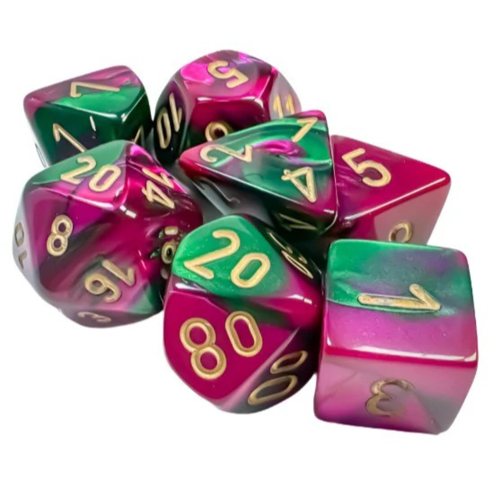 Chessex - Gemini Polyhedral 7 Dice Set - Green-Purple with Gold - Loaded Dice