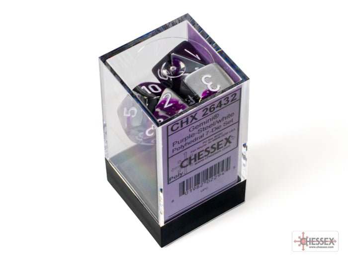 Chessex Gemini Purple-Steel with White 7 dice set in clear display case