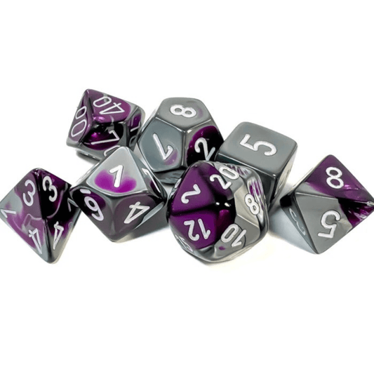 Chessex - Gemini Polyhedral 7 Dice Set - Purple-Steel with White - Loaded Dice
